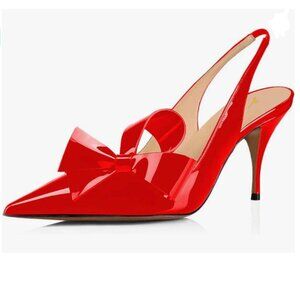 YDN Red Stiletto Heel Pumps Bow Pointed Toe Slingback Slip on Sandals Dress Shoe